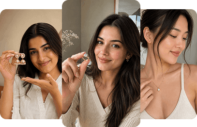 Product-holding AI avatar presenting jewelry
