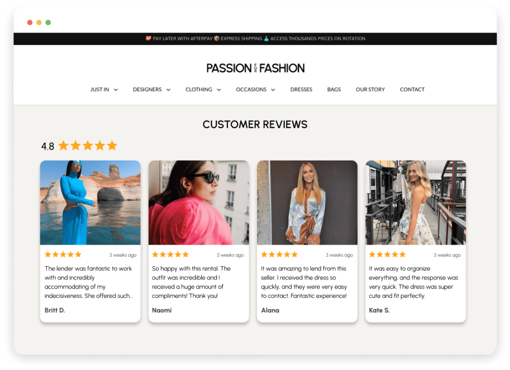 reviews on website homepage