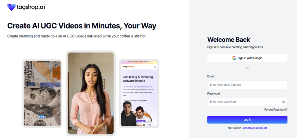 Login to Tagshop AI for faceless tiktok videos