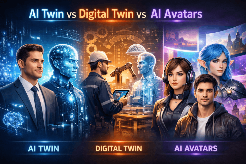 difference between AI Twin, digital twin, and AI avatars