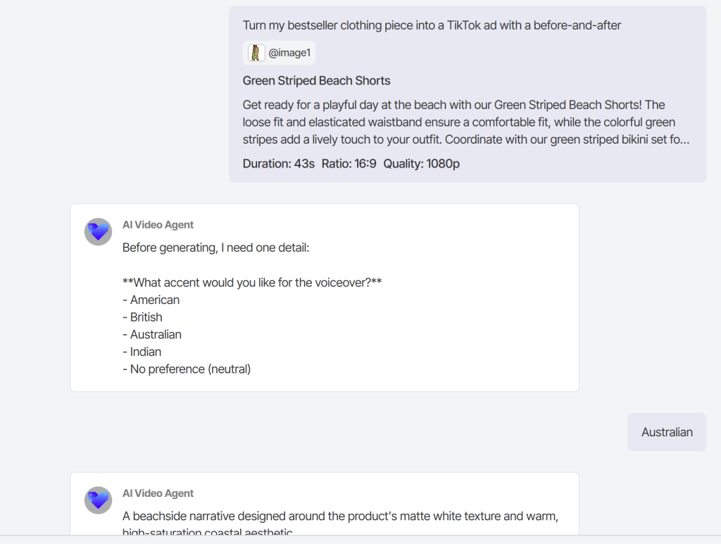 chat base ai agent for video creation